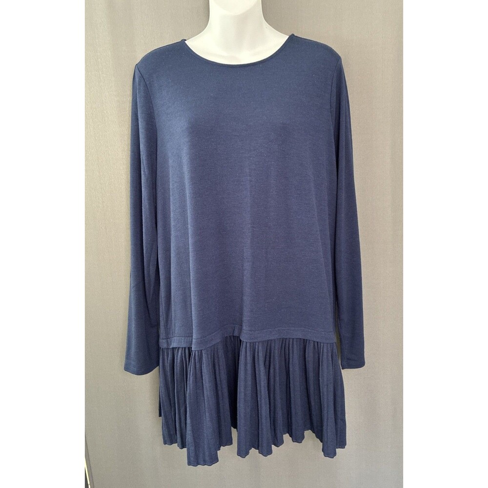 J Jill Pleated Hem Top Tunic L Navy Blue Lagenlook Base Layer Romantic Minimal